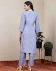 Embroidered blue cotton linen kurta set with lace-detailed palazzo