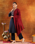 Knitted Wool Kurta Set with Embroidery, Palazzo & Tasselled Chanderi Dupatta