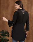 Black Viscose Kurti with Mandarin Collar & Embroidered Yoke