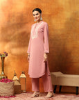 Wool Blend Embroidered Kurta Set with Mandarin Collar & Elasticated Palazzo