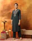Cotton Blend Zari Embroidered Kurta Set with Embroidered Organza Cuffs & Elasticated Palazzo