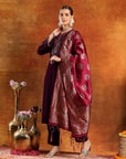 Velvet Zari-Embroidered Kurta Set with Bell Sleeves, Palazzo & Banarasi Dupatta