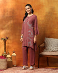 Solid A-Line Viscose Rayon Kurta Set with Thread Embroidery & Bell Sleeves