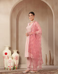 Crepe-Raschel Embroidered Kurta Set with Mesh Lace Dupatta