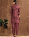 Burgundy Indo-Western Co-ord with Embroidered Shirt Collar Tunic & Printed Palazzo