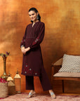 Wool Blend Kurta Set with Embroidered Yoke, Smocked Sleeves & Palazzo