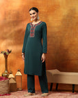 Wool Blend Kurta Set with Round Neck & Ethnic Embroidery