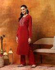 Wool Blend Calf-Length Kurta Set with Round Neck & Thread Embroidery