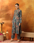 Wool Blend Floral Printed Kurta Set with Mandarin Collar, Zari Work & Printed Palazzo
