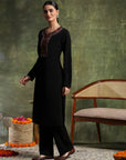 Wool Blend Kurta Set with Round Neck & Ethnic Embroidery