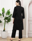 Black Embroidered Cotton Linen Kurta Set with Palazzo