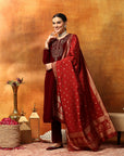 Velvet Kurta Set with Zari Embroidered Yoke with Palazzo & Art Silk Dupatta