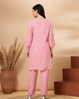 Pink Cotton Co-ord Set with Tonal Embroidery & Laced Sleeve