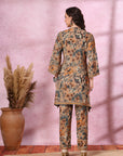 Brown Floral Rayon Co-ord Set with Bell Sleeves and Mandarin Collar