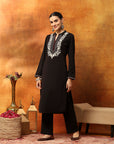 Wool Blend Embroidered Kurta Set with Mandarin Collar & Elasticated Palazzo