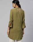 Olive Viscose Kurti with Mandarin Collar & Embroidered Yoke