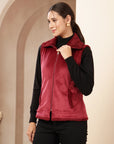 Velour Fur Sleeveless Jacket with Structured Collar & Zipper Closure