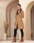 Suede Long Coat with Fur Collar & Sleeve Detailing