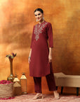 Cotton Blend Zari Embroidered Kurta Set with Embroidered Organza Cuffs & Elasticated Palazzo