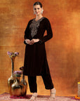 Velvet Zari-Embroidered Kurta Set with Palazzo & Banarasi Dupatta