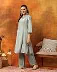 Silk Blend Embroidered Kurta Set with Palazzo & Lace Hem