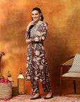 Wool Blend Floral Kurta Set with Zari Embroidery, Lace Detail & Solid Palazzo