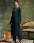 Wool Blend Calf-Length Kurta Set with Round Neck & Thread Embroidery