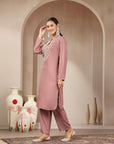 Rayon Kurta Set with Embroidered Mandarin Collar, Full Sleeves & Stitched-Hem Palazzo