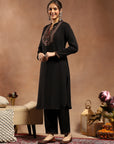 Solid Kurta Set with Ethnic Embroidery, Mandarin Collar & Lace Hem Palazzo