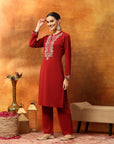 Wool Blend Solid Kurta Set with Thread Embroidery & Elasticated Palazzo