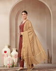 Zari-Trimmed V-Neck Kurta Set with Chanderi Tassel Dupatta