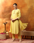 Fringe-Detailed Cotton Kurta Set with Embroidered Yoke & Dupatta