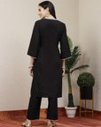 Embroidered black cotton linen kurta set with lace-detailed palazzo