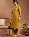 Silk Blend Kurta Set with Intricate Paisley Embroidery, Solid Palazzo & Zari Stitched Hem