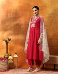 A-Line Kurta Set with Lucknavi Embroidery, Palazzo & Embroidered Supernet Dupatta