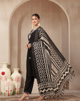 Vetican Fabric Kurta Set with Embroidered Round Neck, Palazzo & Striped Silk Dupatta