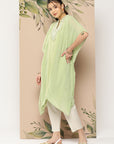 Solid A-Line Rayon Kaftan Kurta with Embroidered Yoke & Flared Sleeves