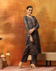 Wool Blend Floral Kurta Set with Zari Embroidery & Printed Elasticated Palazzo