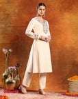 Knitted Wool Kurta Set with Embroidery, Palazzo & Tasselled Chanderi Dupatta