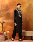 Wool Blend Embroidered Kurta Set with Mandarin Collar & Elasticated Palazzo