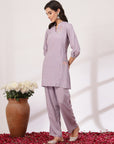 Lavender Co-ord Set with Floral Embroidered Tunic & Pocketed Palazzo