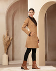 Suede Long Coat with Fur Collar & Sleeve Detailing