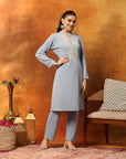 Wool Blend Solid Kurta Set with Thread Embroidery & Elasticated Palazzo