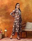 Wool Blend Floral Kurta Set with Zari Embroidery, Lace Detail & Solid Palazzo