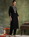 Poly Viscose Kurta Set with Zari-Embroidered Mandarin Collar