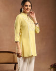 Lemon Embroidered Kurti with Lace Sleeves and Mandarin Collar