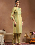 Tribal Printed Straight Kurta Set with Lace Detailing & Chiffon Dupatta