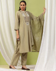 Mandarin-Collar Cotton-Blend Kurta Set with Embroidered Palazzo & Zari-Edged Dupatta