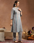 Tribal Printed Straight Kurta Set with Lace Detailing & Chiffon Dupatta