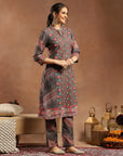 Floral Printed Silk Kurta Set with Sewroskie Work & Printed Dupatta